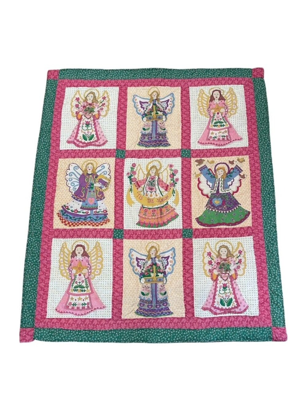 Primitive Angel Quilt Holiday Blanket Floral Calico Border Pink Green